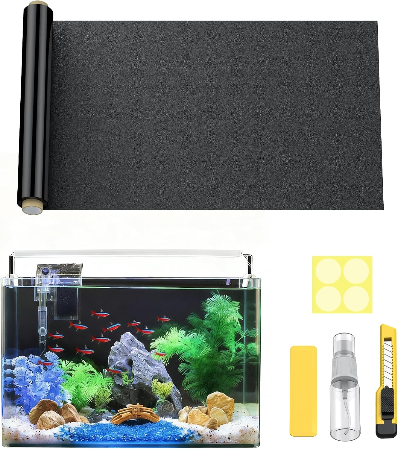 Step by step demonstration of applying the no glue aquarium decoration paper to glass.