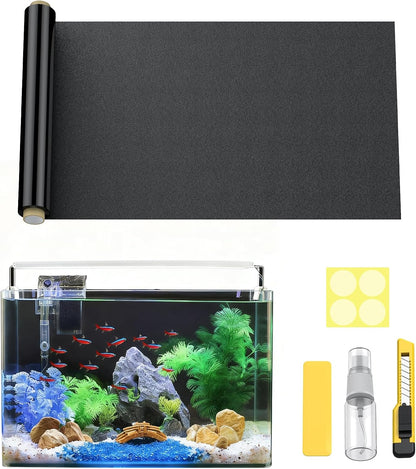 Step by step demonstration of applying the no glue aquarium decoration paper to glass.
