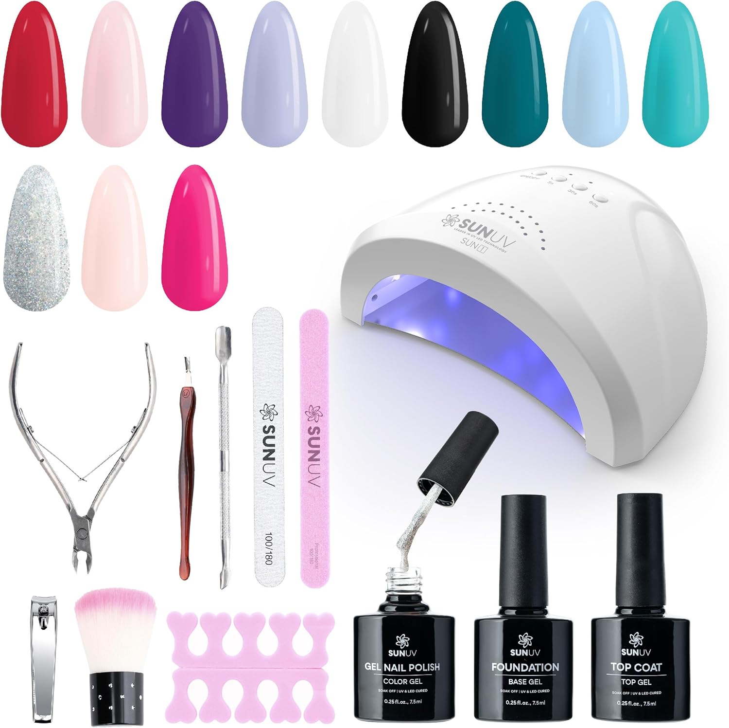 Sunuv gel nail polish kit with 48 watt UV lamp and 12 colors
