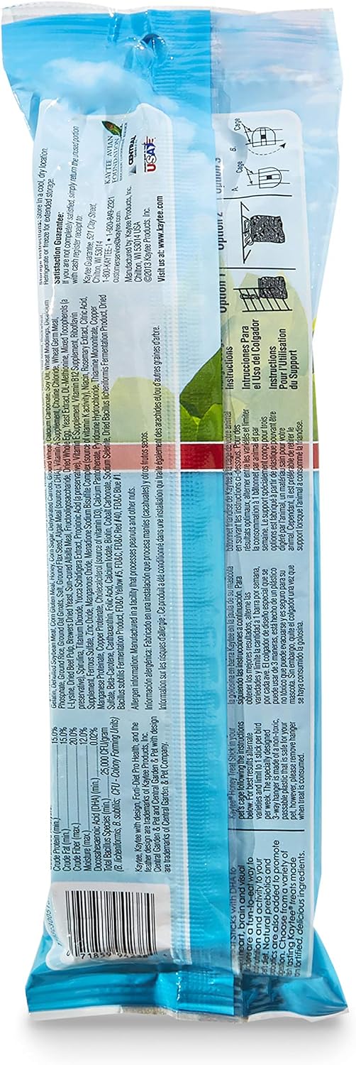 Close up of Kaytee honey flavor parrot treat sticks packaging