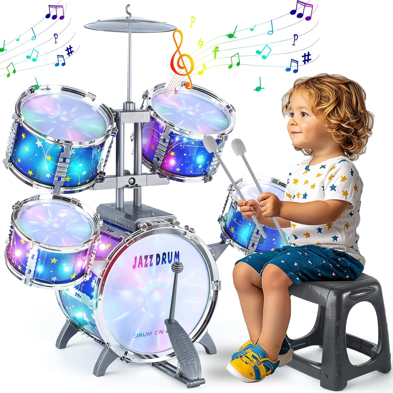 LinseyFun Upgraded Kids Drum Set front view showing the starry yellow and white theme with matching stool