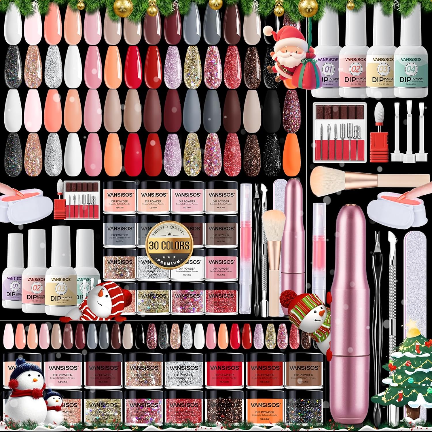 VANSISOS dip powder nail kit front view showcasing the thirty color choices and electric nail drill