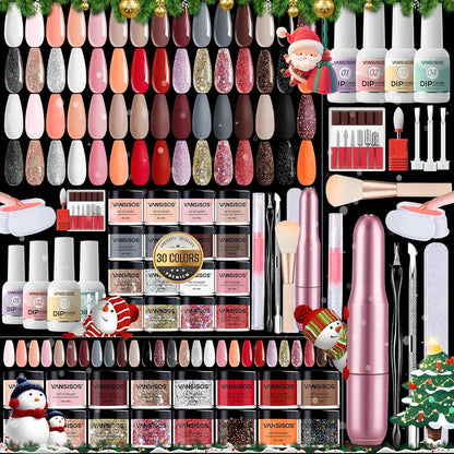 VANSISOS dip powder nail kit front view showcasing the thirty color choices and electric nail drill