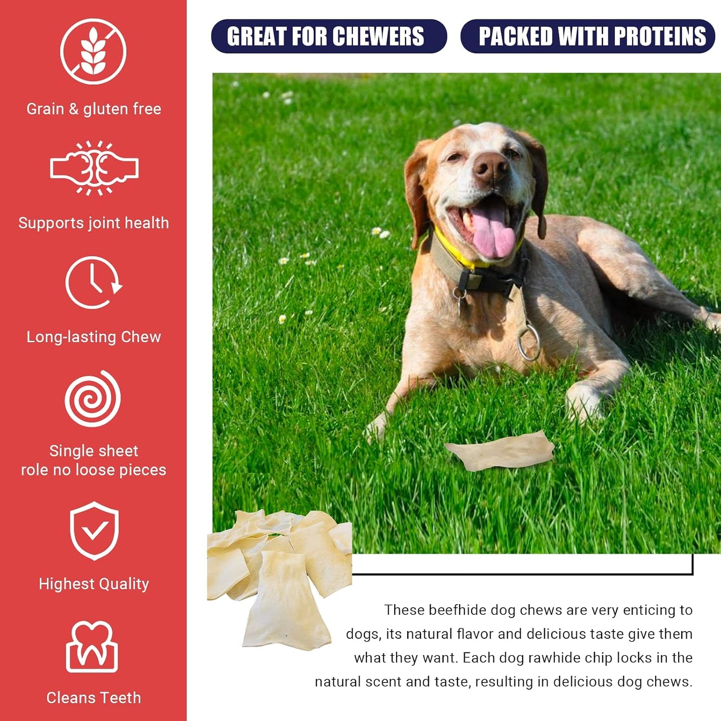 Back label view of The American Made Treat Company rawhide bag highlighting nutritional facts.
