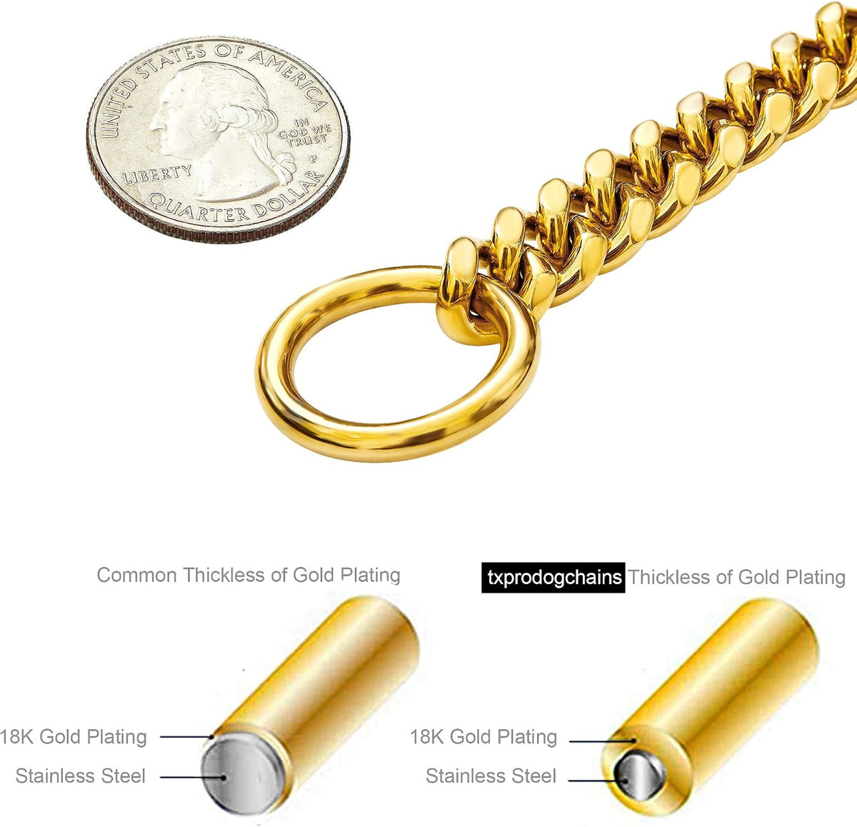 Txprodogchains Cuban link gold dog chain collar resting on a smooth background.