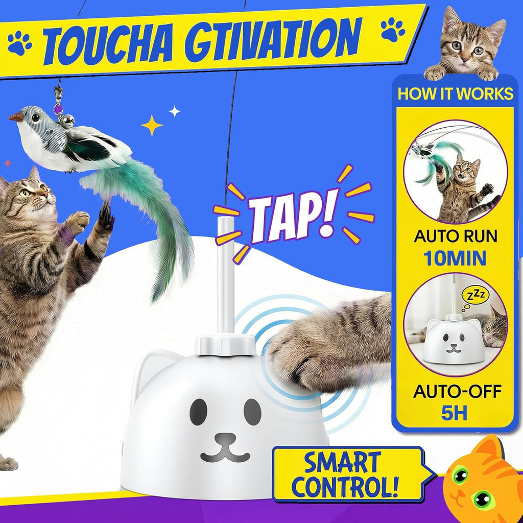 Detached flexible steel rod interactive cat teaser being used as a handheld wand by an owner.