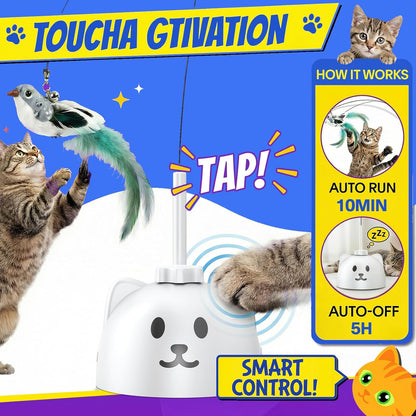 Detached flexible steel rod interactive cat teaser being used as a handheld wand by an owner.