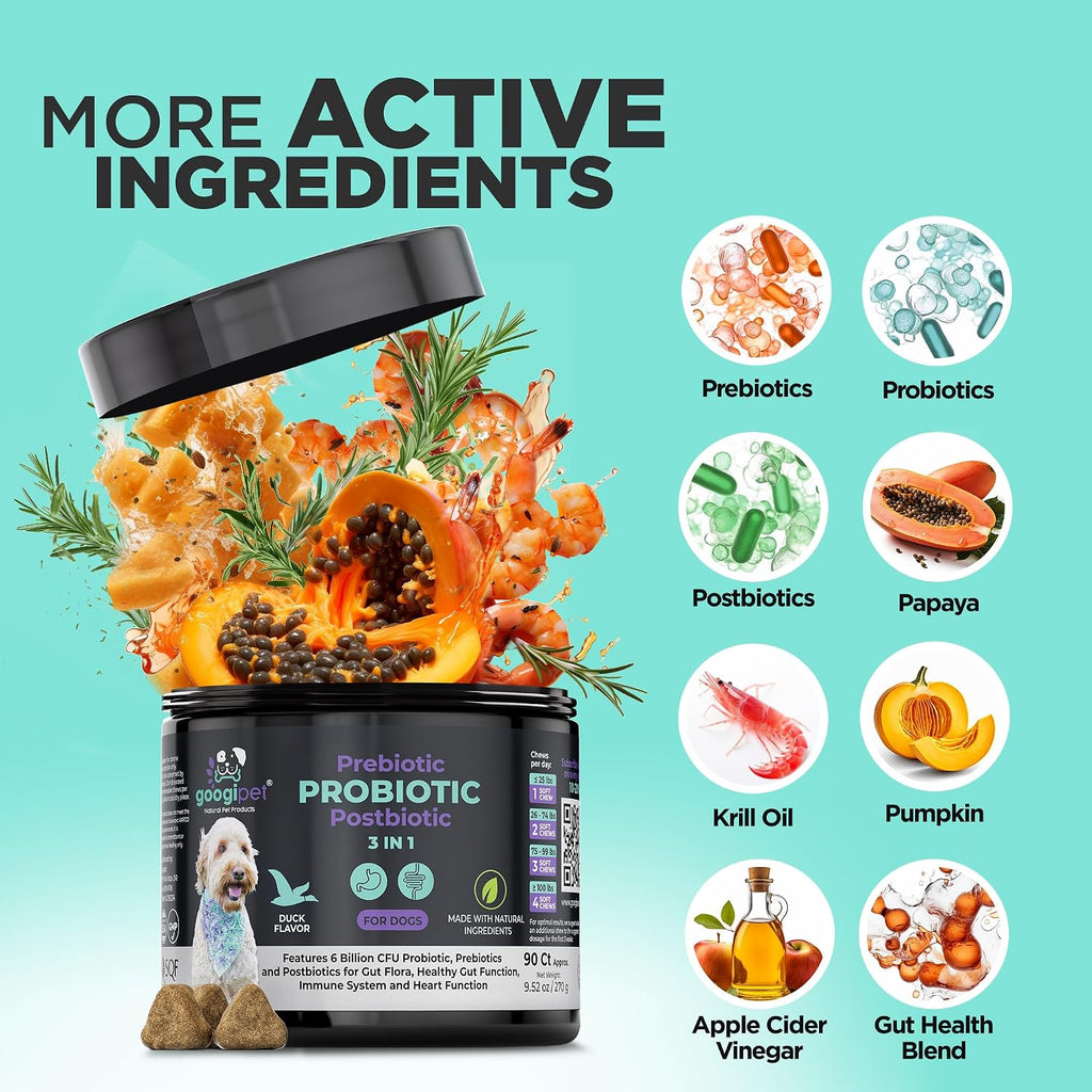 6 billion CFU dog probiotic chews with pumpkin and papaya ingredients