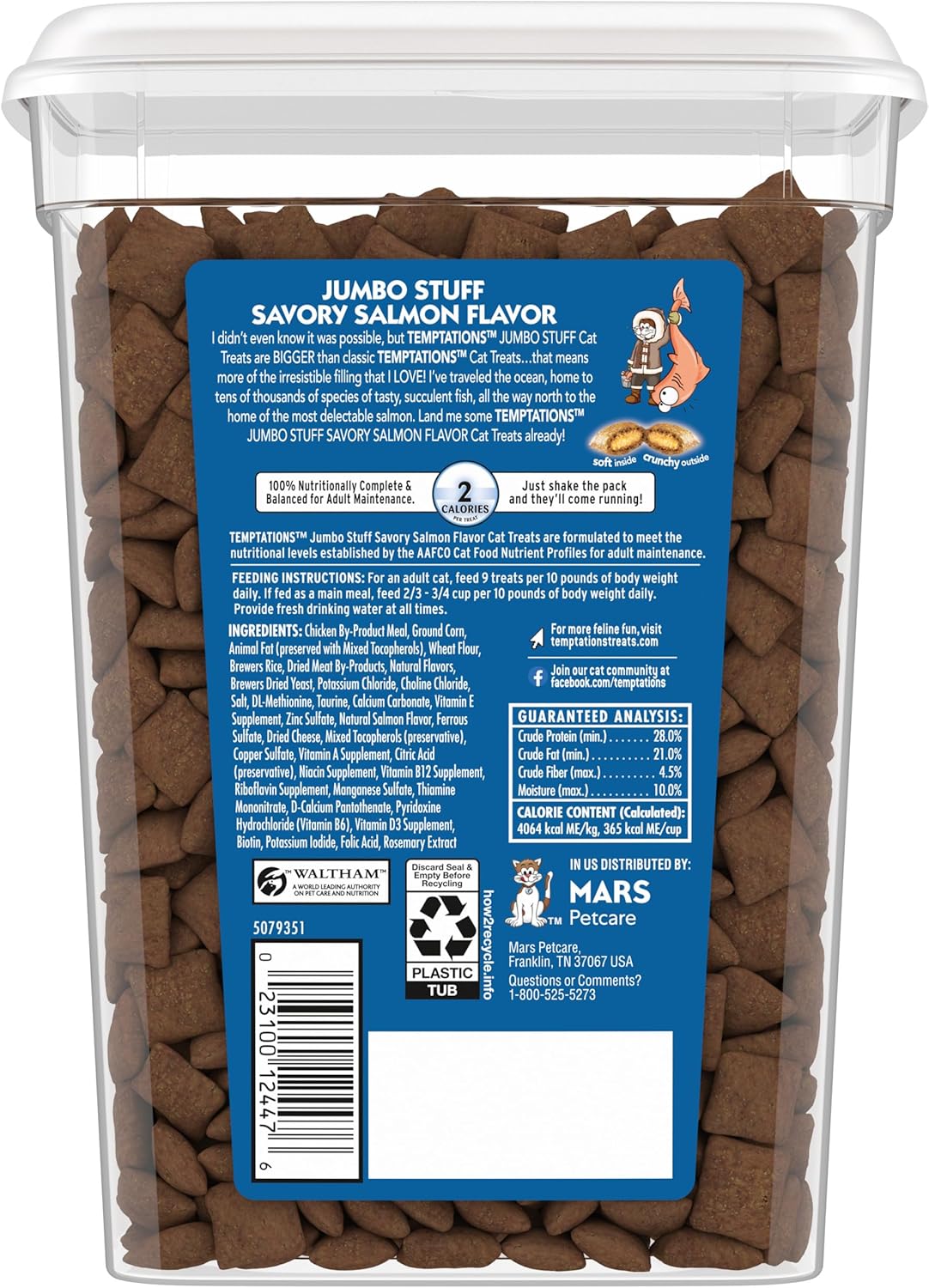 Temptations Jumbo Stuff 14 ounce tub showing salmon flavor details