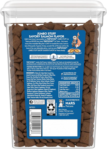 Temptations Jumbo Stuff 14 ounce tub showing salmon flavor details