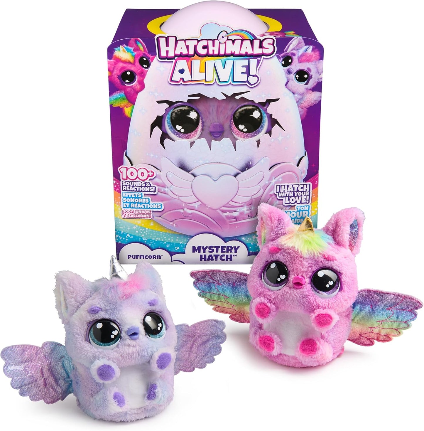 Hatchimals Alive Mystery Hatch Pufficorn interactive toy egg front view showing colorful exterior styling.