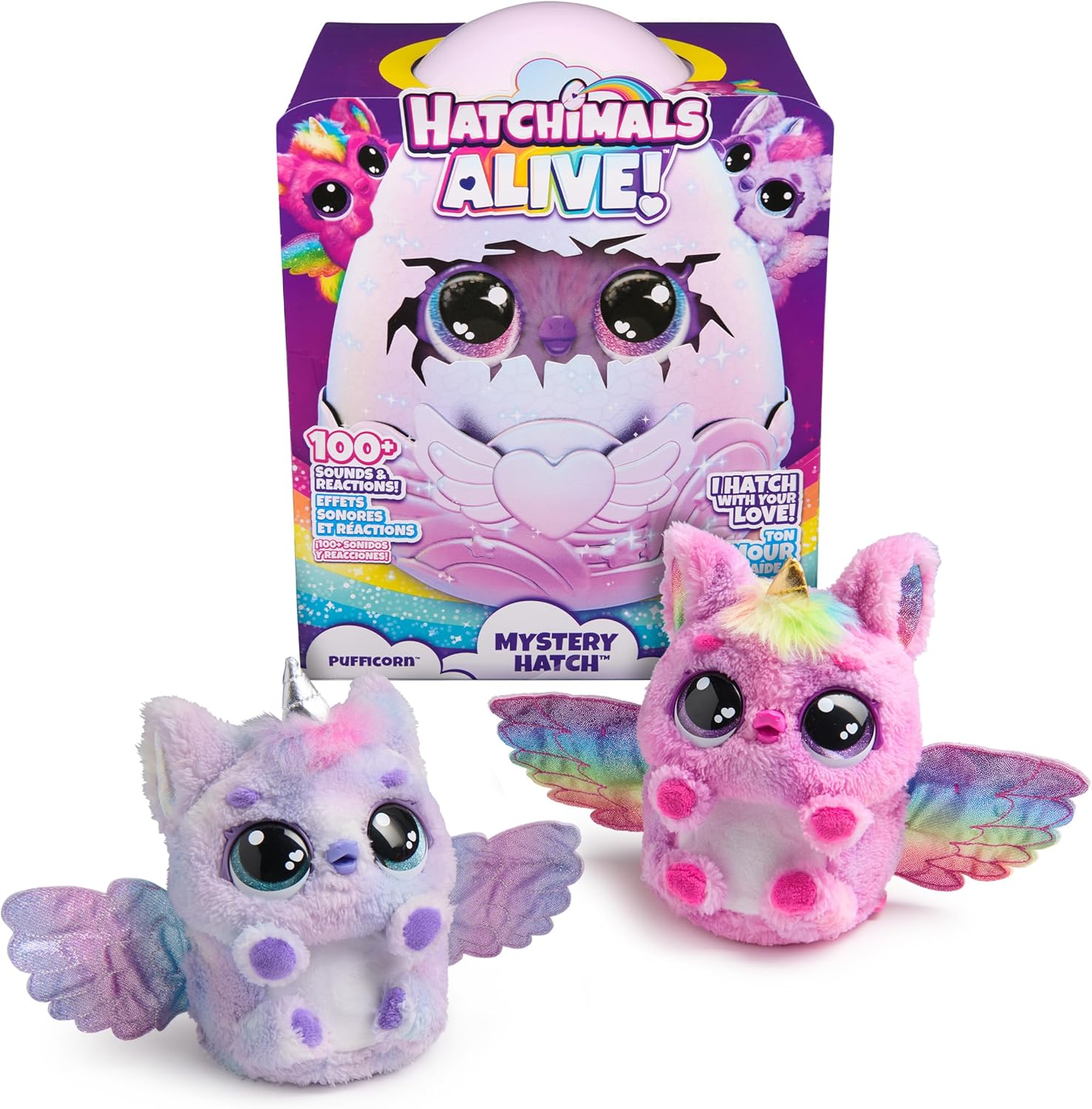 Hatchimals Alive Mystery Hatch Pufficorn interactive toy egg front view showing colorful exterior styling.