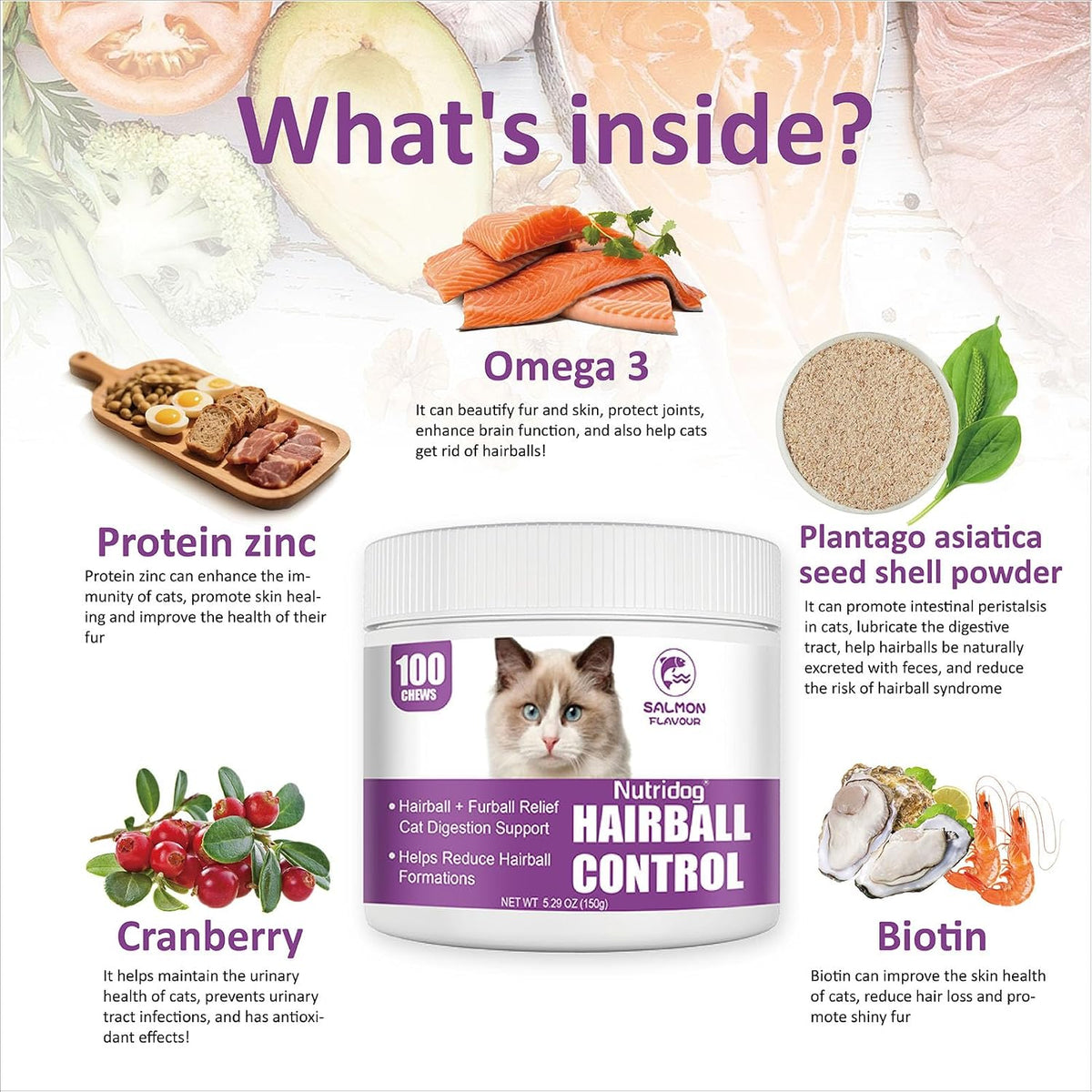 Pet Naturals cat hairball control soft chews ingredients showing psyllium husk and omega fatty acids.