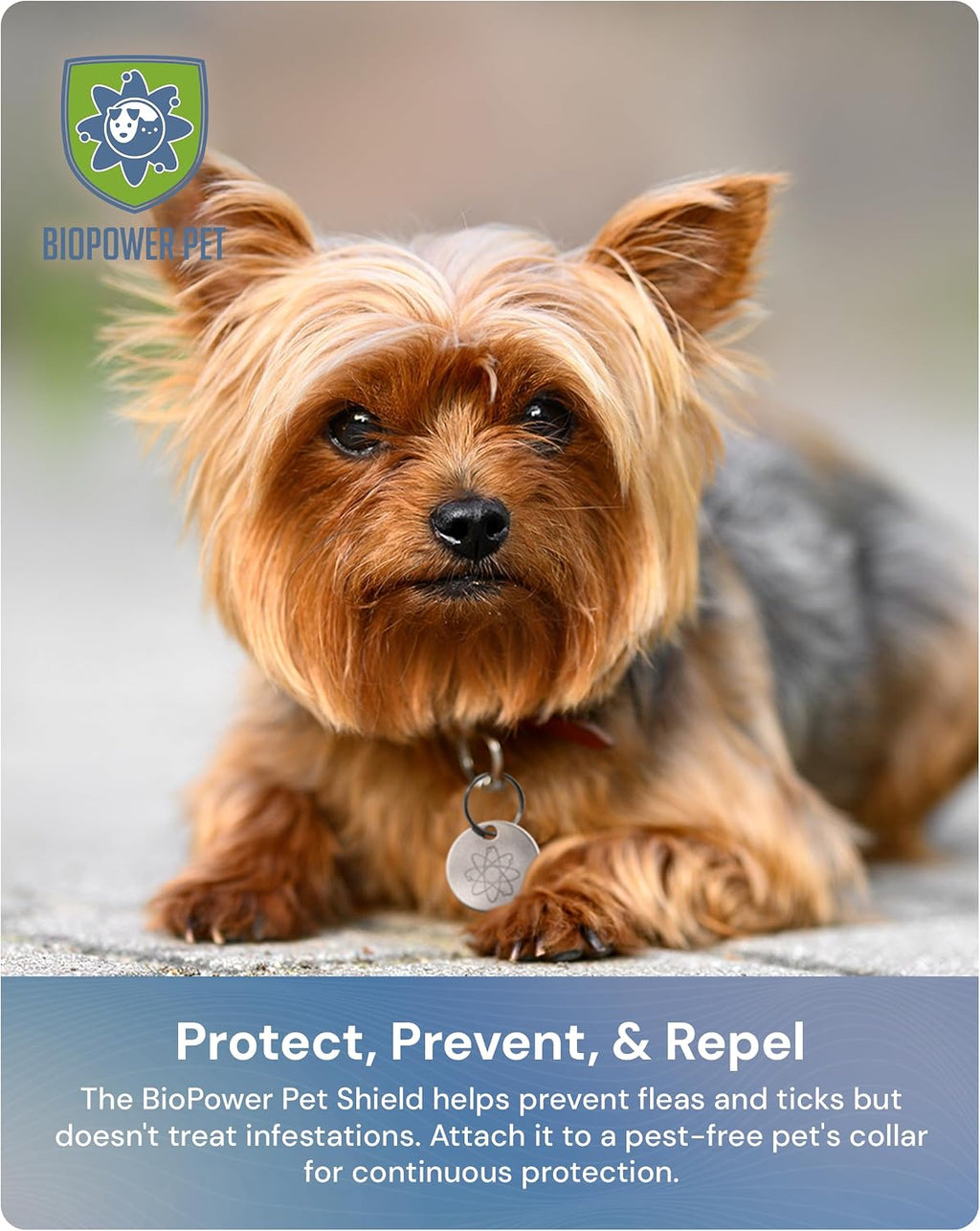 BioPower Pet Shield tag with pet accessories for size reference