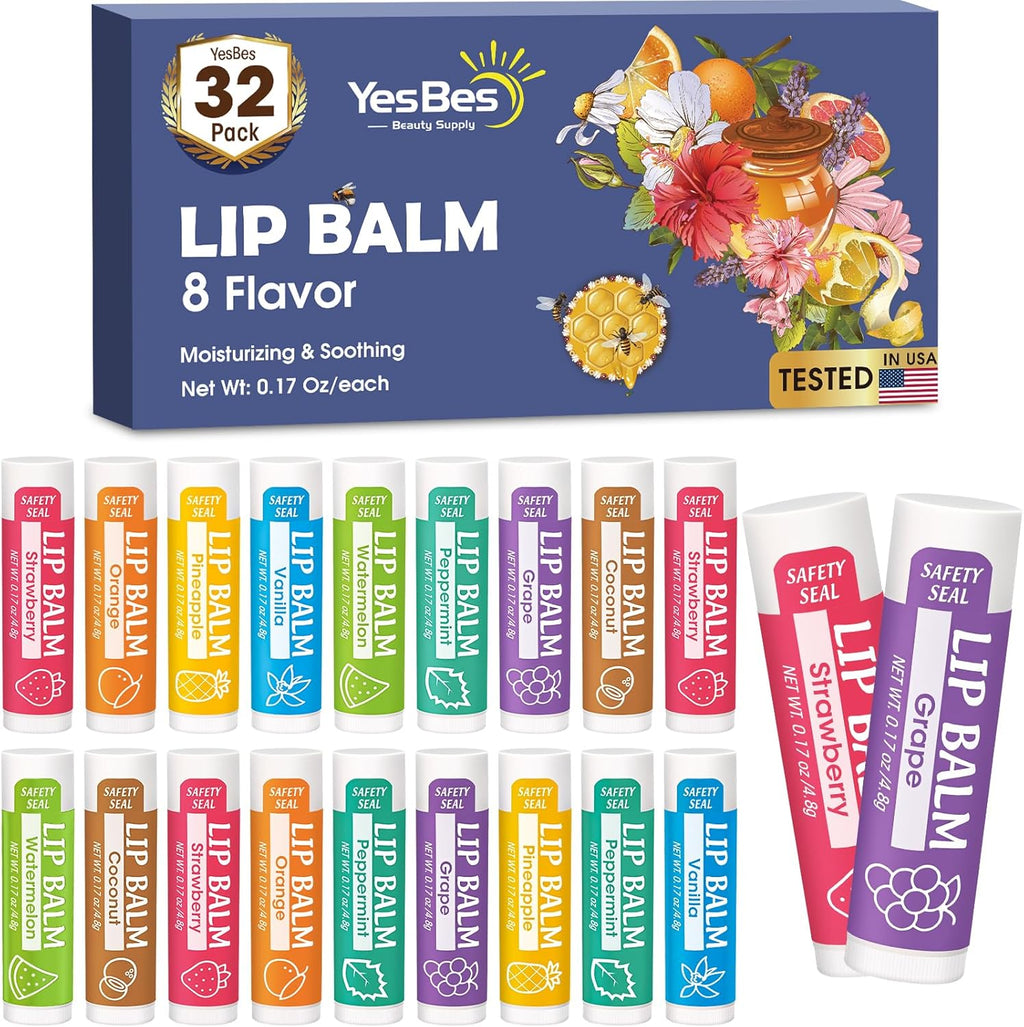 YesBes natural lip balm set front view showing thirty-two assorted sticks