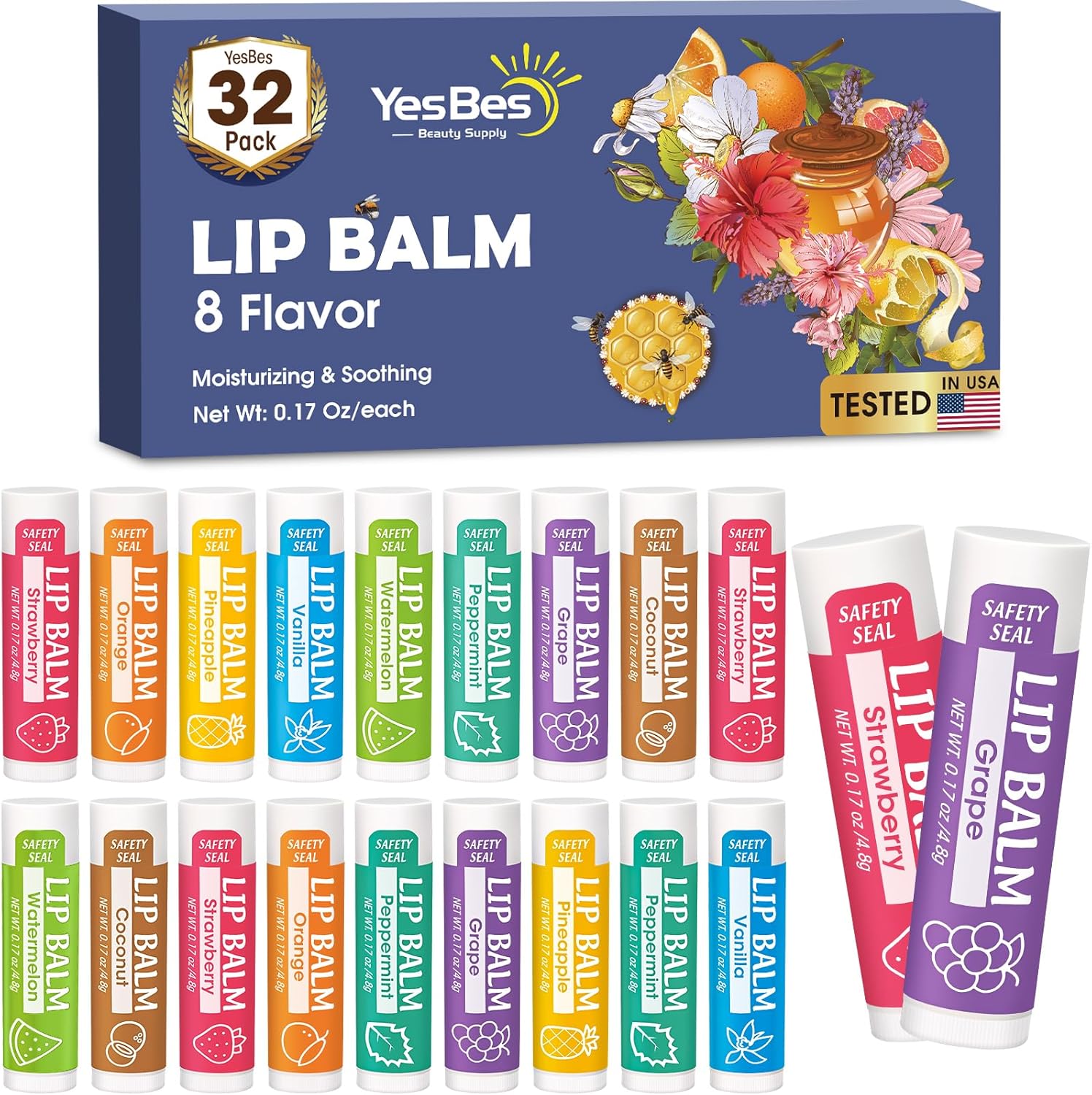 YesBes 32 Pack natural lip balm set front view