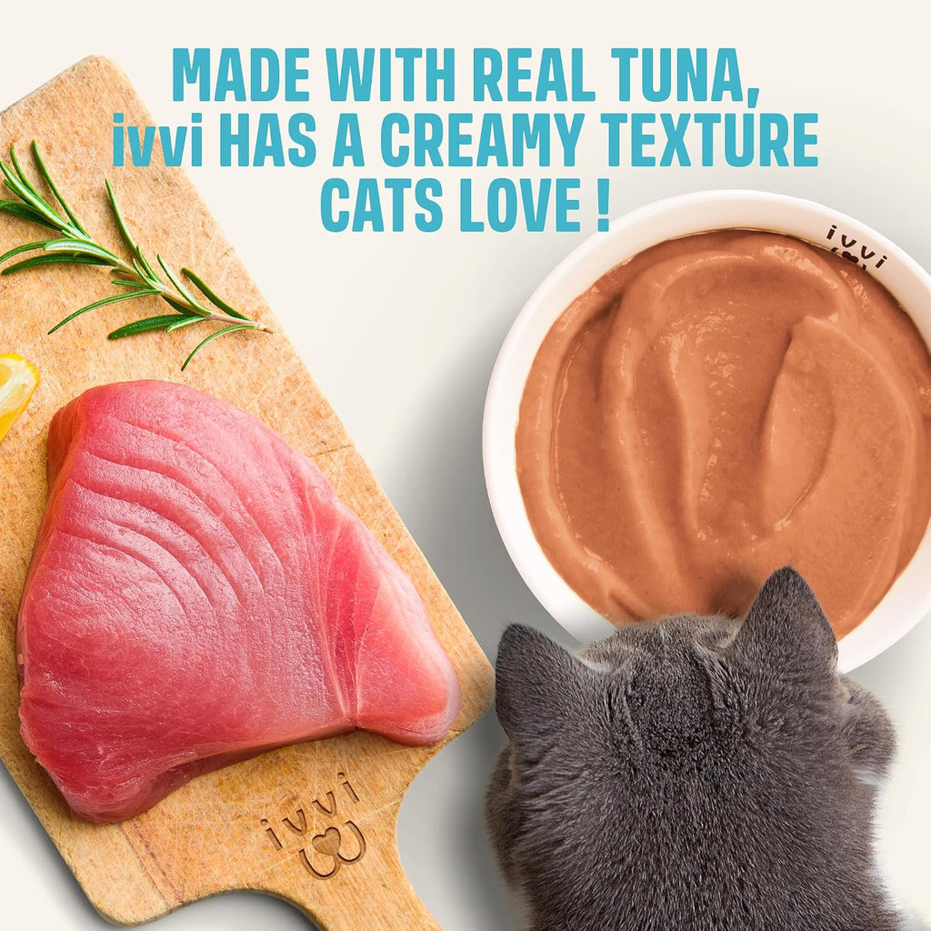 Ivvi lickable cat treat being used as a dry food topper in a bowl