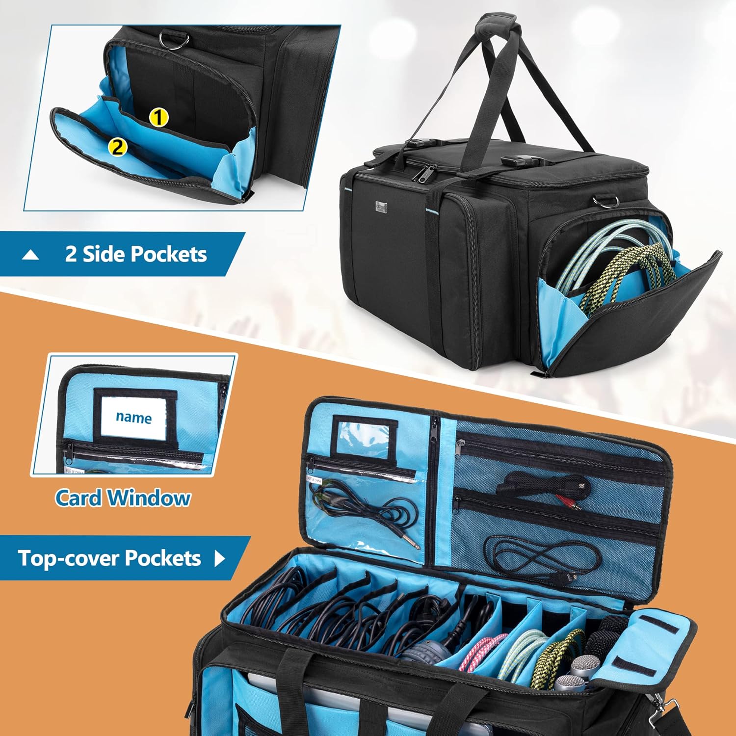 HODRANT music gear bag close up on the front storage compartment holding a fourteen inch laptop securely.