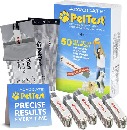 Advocate PetTest Blood Glucose Test Strips front packaging view for pet diabetes monitoring