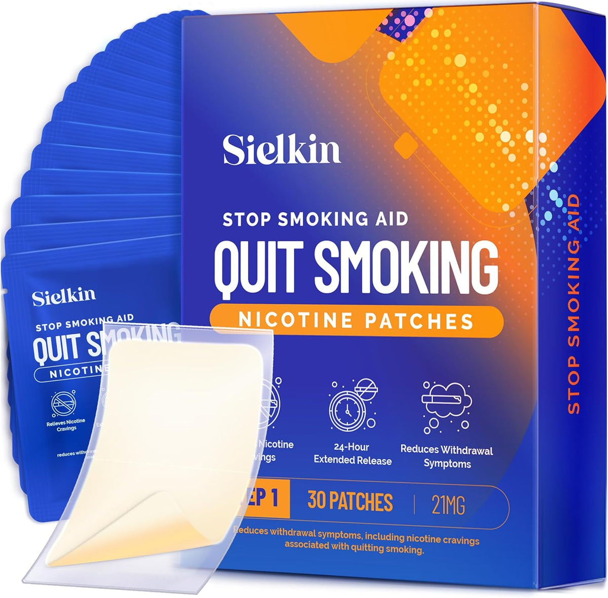 Sielkin Nicotine Patches Step One 21mg 30 Count front view smoking cessation aid box