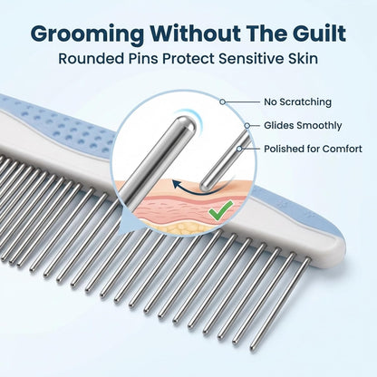 Close up view of rounded steel pins on professional doodle brush for safe grooming