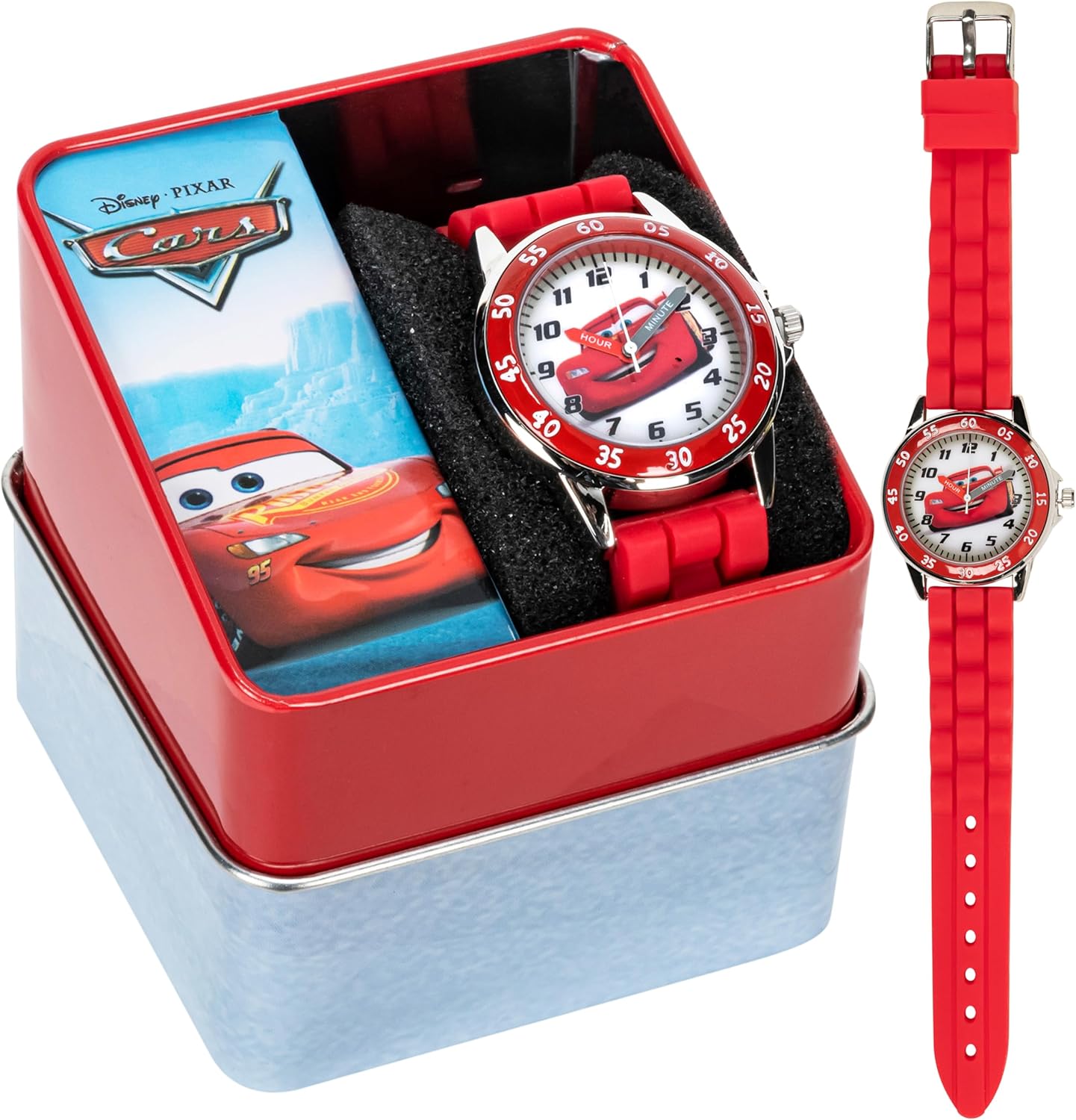 Accutime CZ1009 kids watch model featuring adjustable buckle and red rubber band.