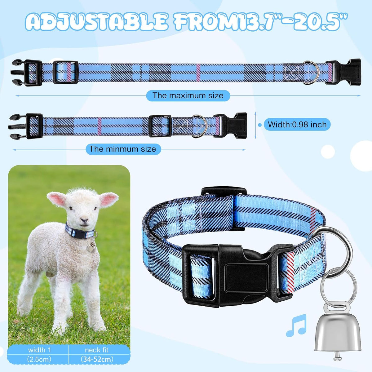 Close up view of the Yeyeplum high density polyester livestock collar highlighting the heavy duty alloy D ring and pom snap fastener buckle.