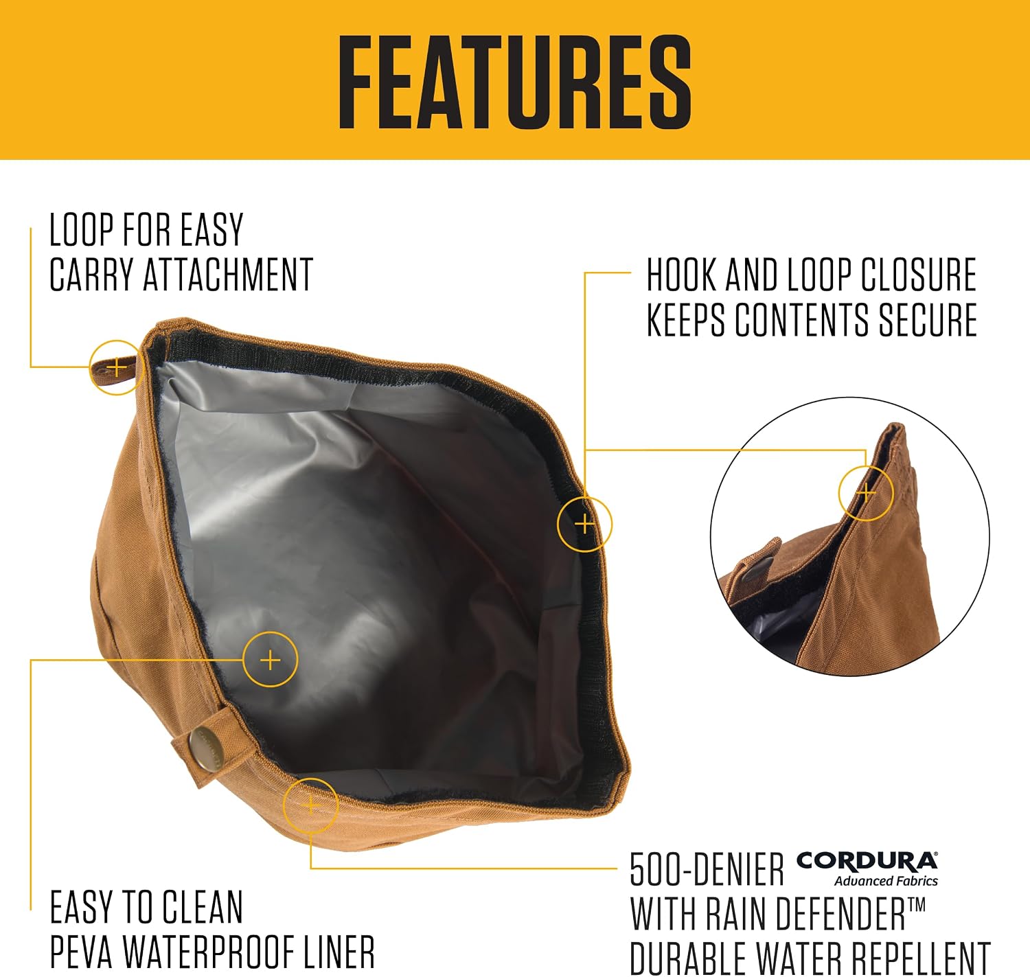 Packable collapsible food and water dog bowl rolled up with velcro closure
