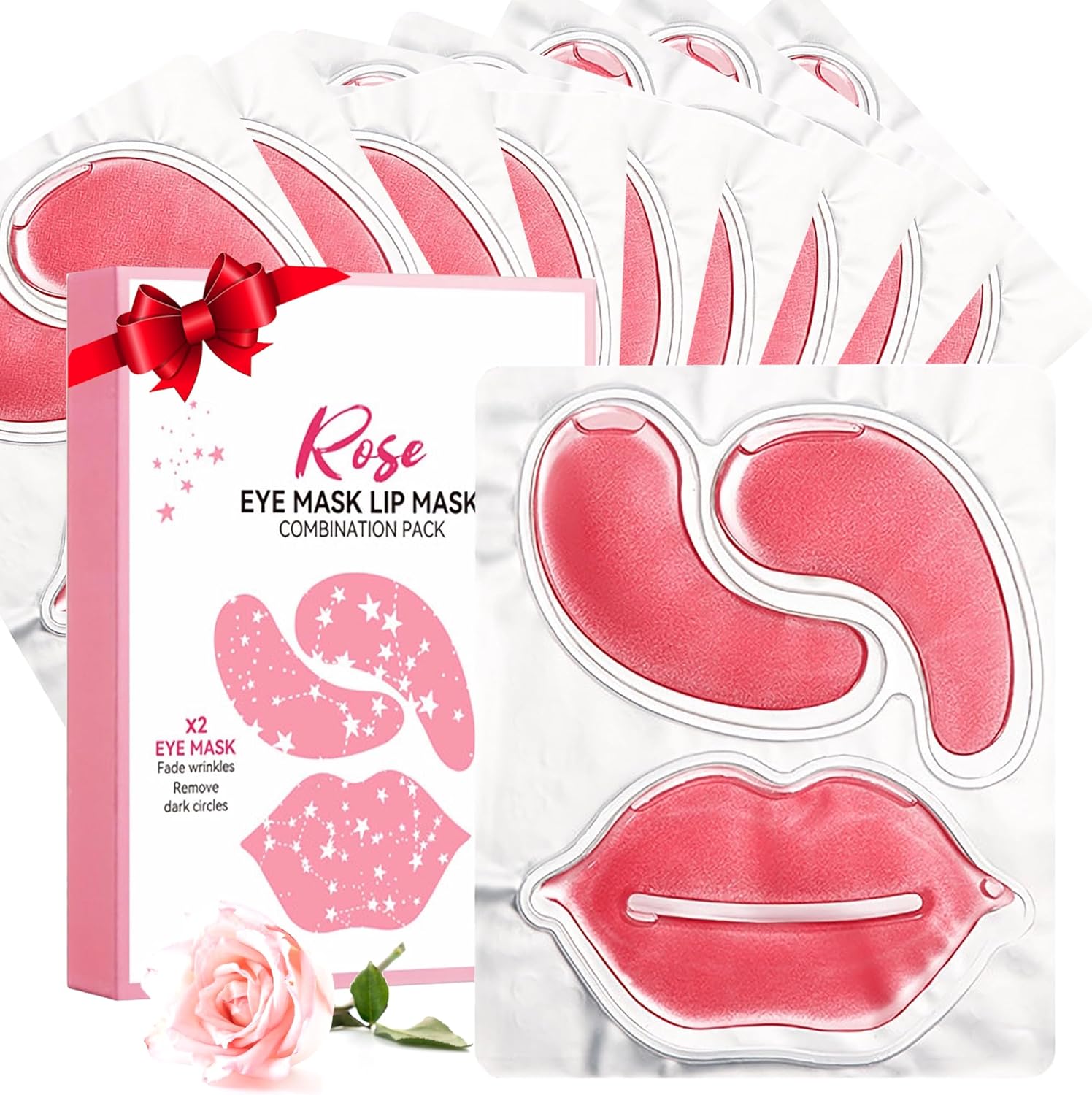YMEYFAN Rose Pink Under Eye Mask and Lip Mask Skincare Set front packaging view showing individual treatment pouches.
