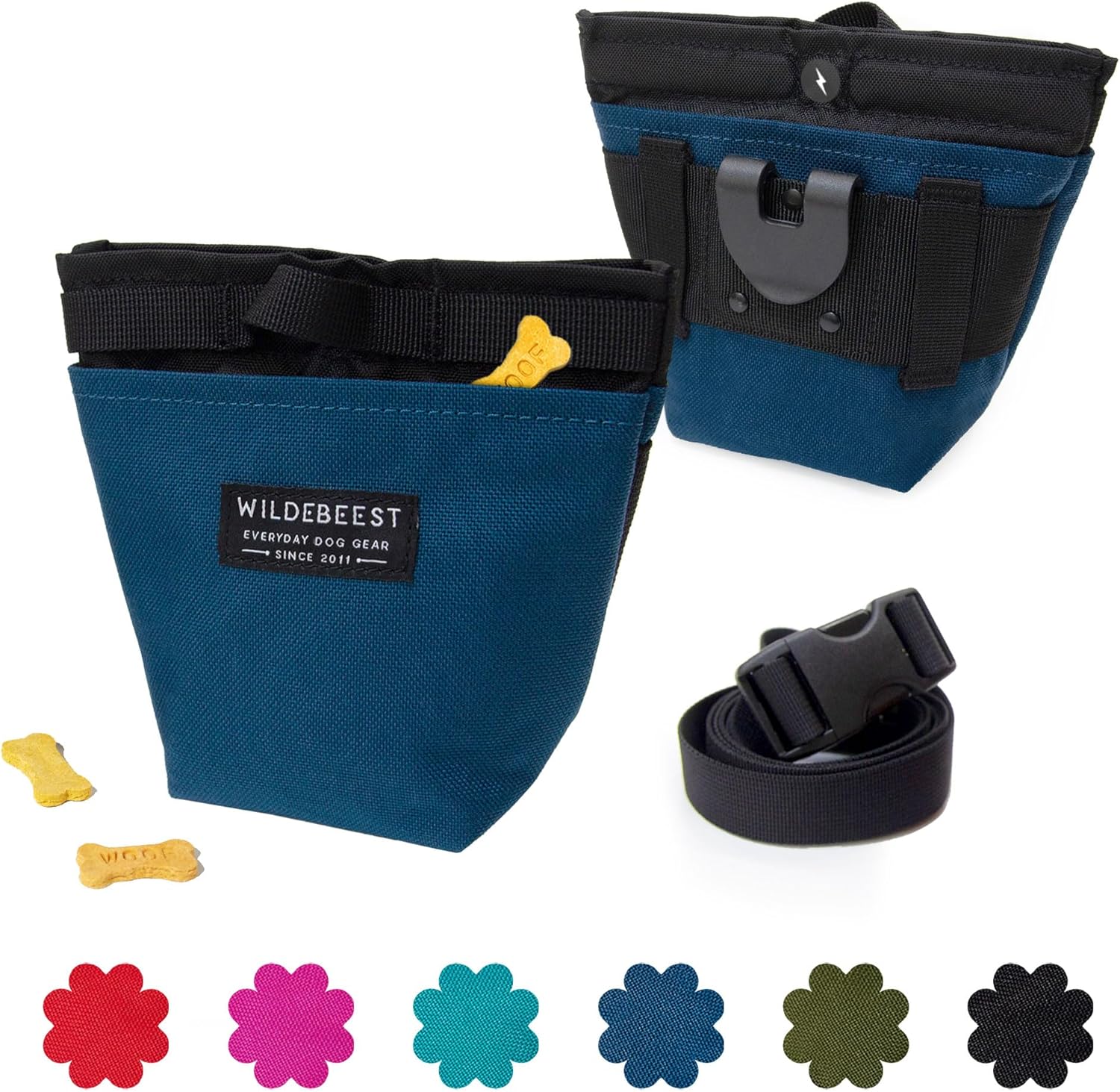Wildebeest Alamo dog treat pouch in navy blue front view