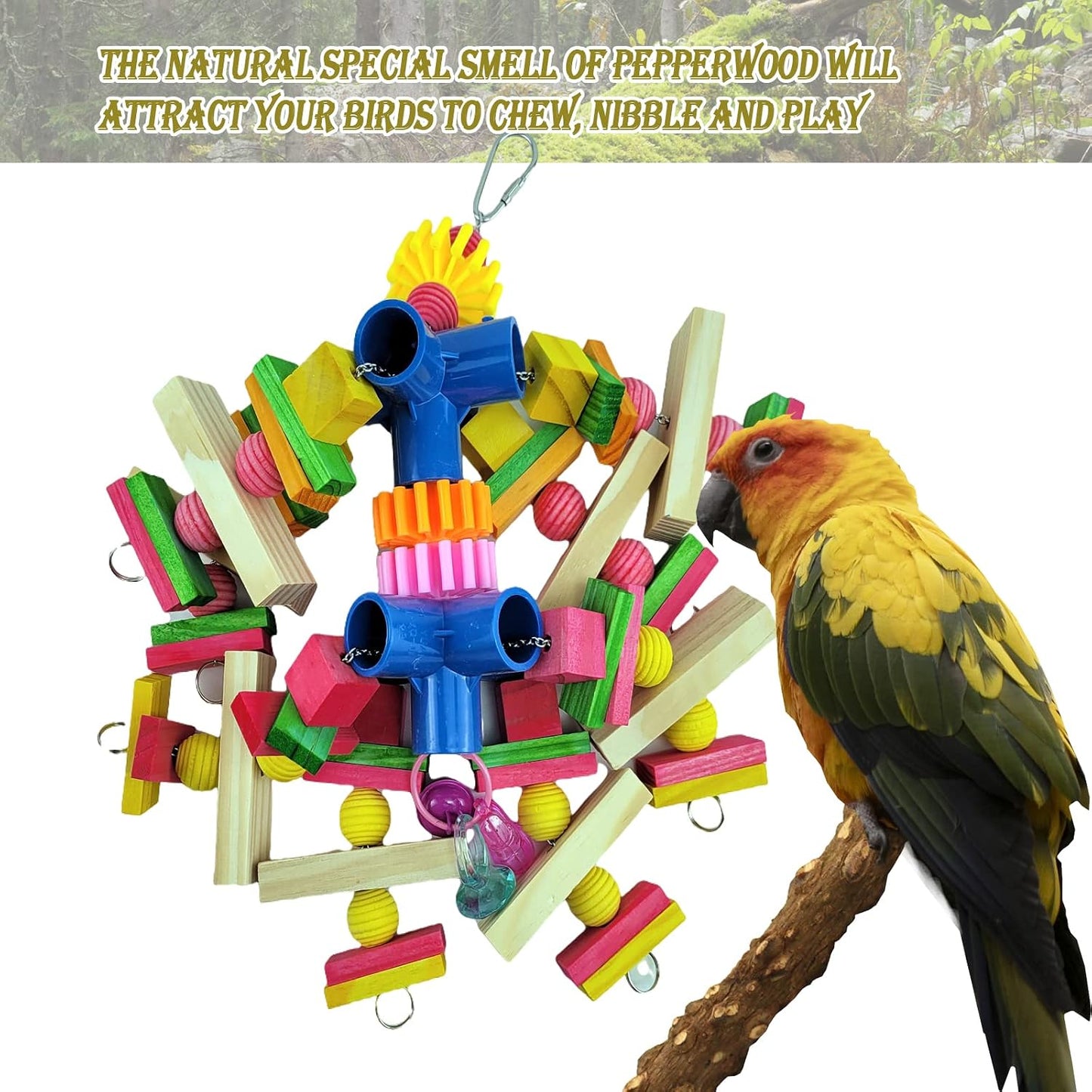Vibrant multi-colored natural wood bird chew toy with durable stainless steel hanging chain.