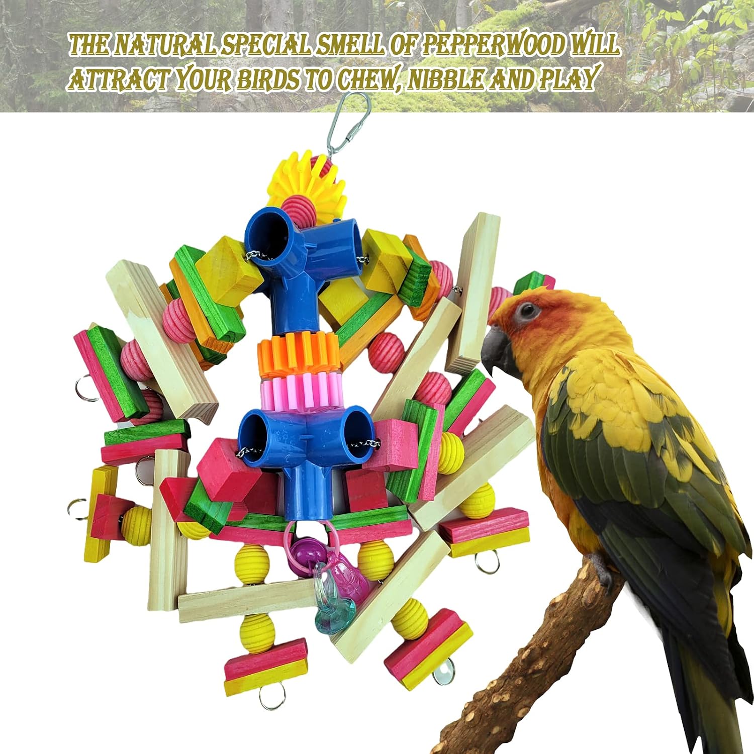 Vibrant multi-colored natural wood bird chew toy with durable stainless steel hanging chain.