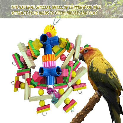 Vibrant multi-colored natural wood bird chew toy with durable stainless steel hanging chain.