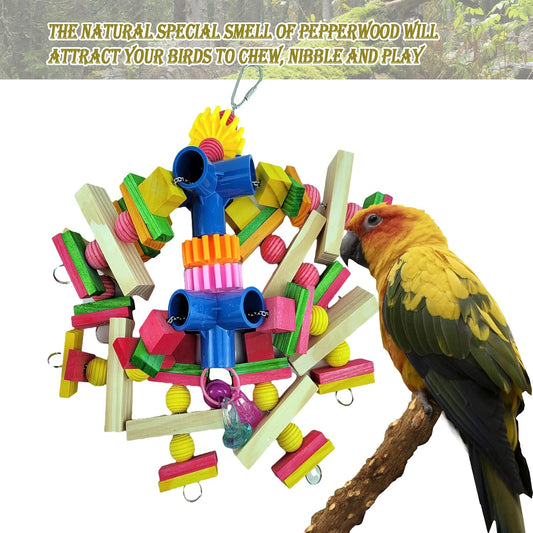 Vibrant multi-colored natural wood bird chew toy with durable stainless steel hanging chain.