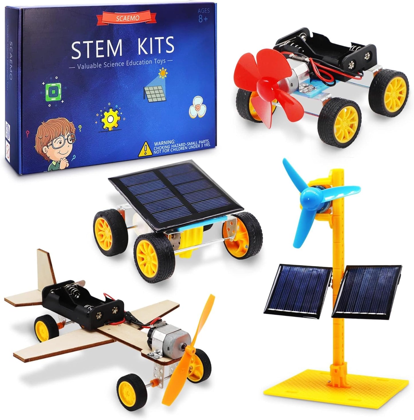 SCAEMO STEM building toys packaging front view showing the four individual science experiment projects.