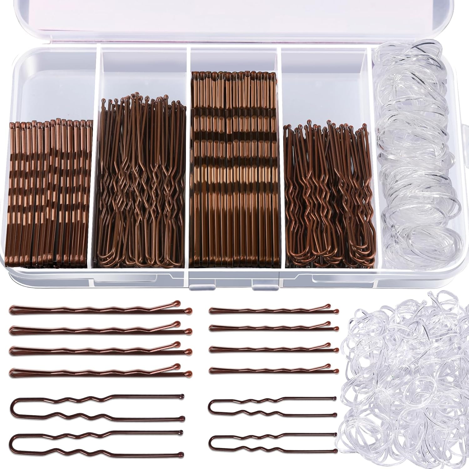 Teenitor 300 pieces bobby pins hair pins kit front view of partitioned storage box containing brown hairpins and clear bands