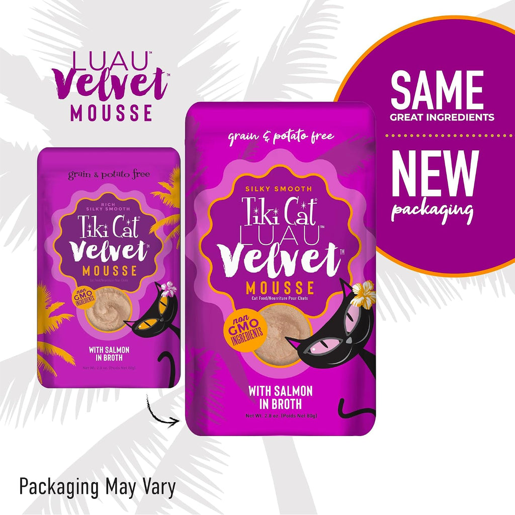 Tiki Pets Tiki Cat Luau Velvet Mousse Salmon ingredients and feeding guide label