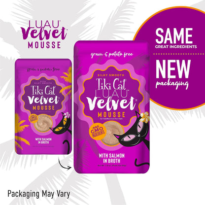 Authentic imported Tiki Cat Luau Velvet Mousse salmon flavor single pouch packaging details