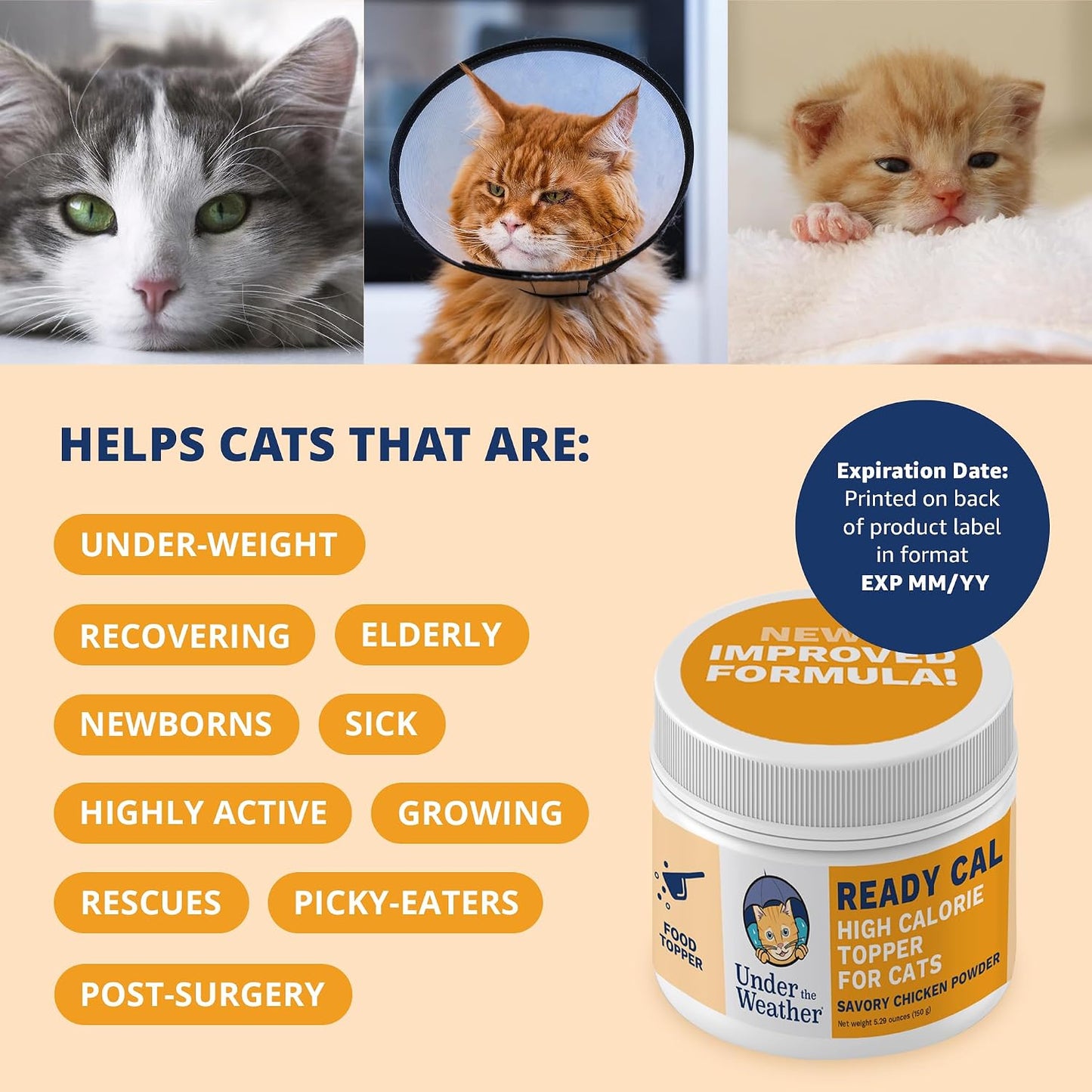 Savory chicken flavor Under the Weather Ready Cal cat supplement packaging details.