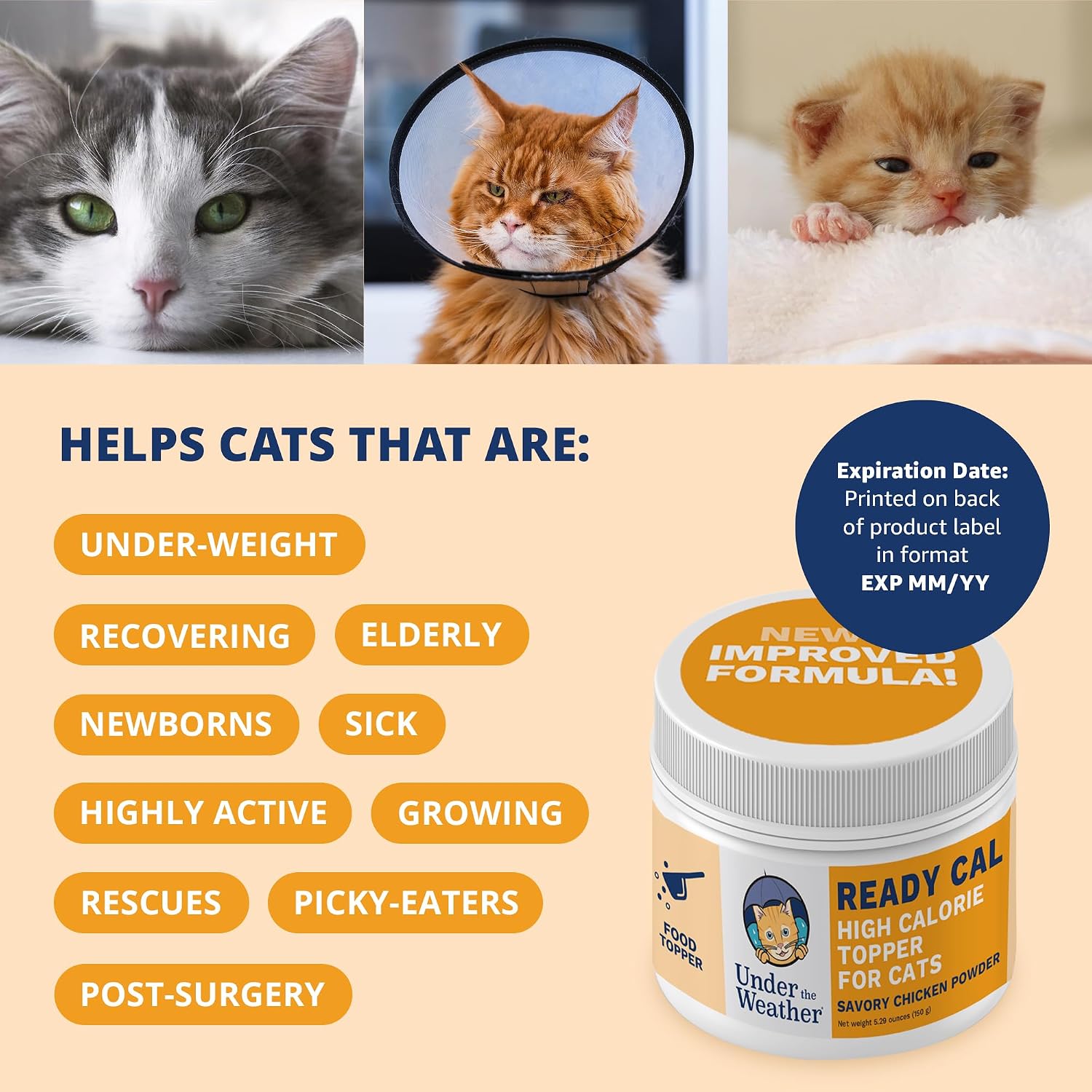 Savory chicken flavor Under the Weather Ready Cal cat supplement packaging details.