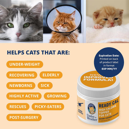 Savory chicken flavor Under the Weather Ready Cal cat supplement packaging details.