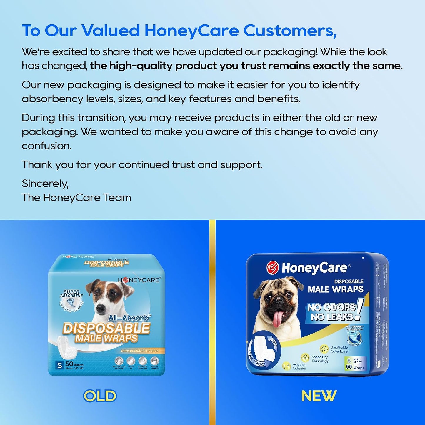 HONEY CARE disposable belly band diaper showing the six layer leak proof material