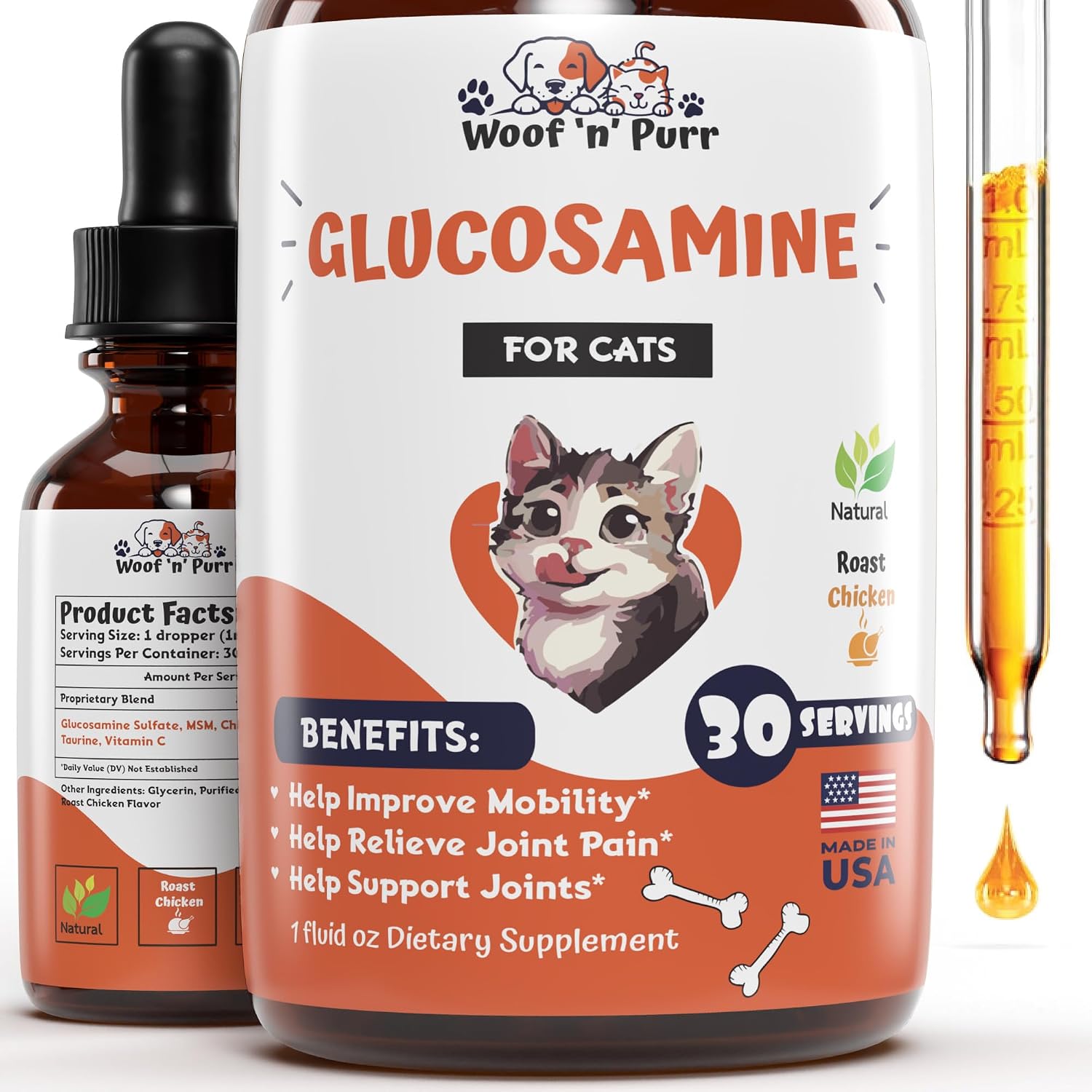 Woof 'n' Purr Glucosamine for Cats liquid joint supplement front view