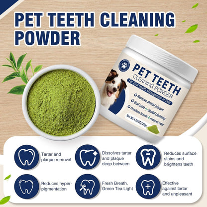 Dog tooth cleaning powder container showing natural ingredients and probiotics