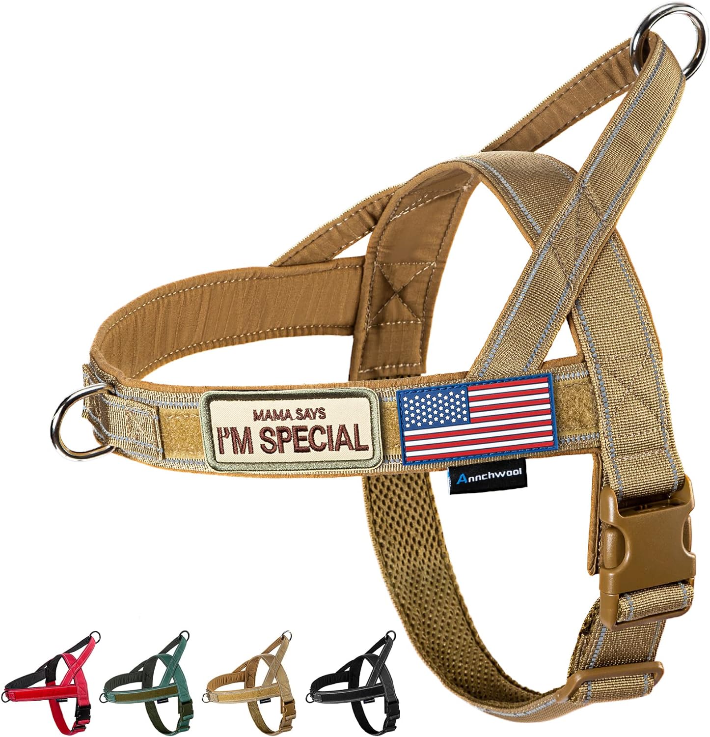 Annchwool No Pull Dog Harness front view showcasing the premium brown tactical vest design on a large dog.