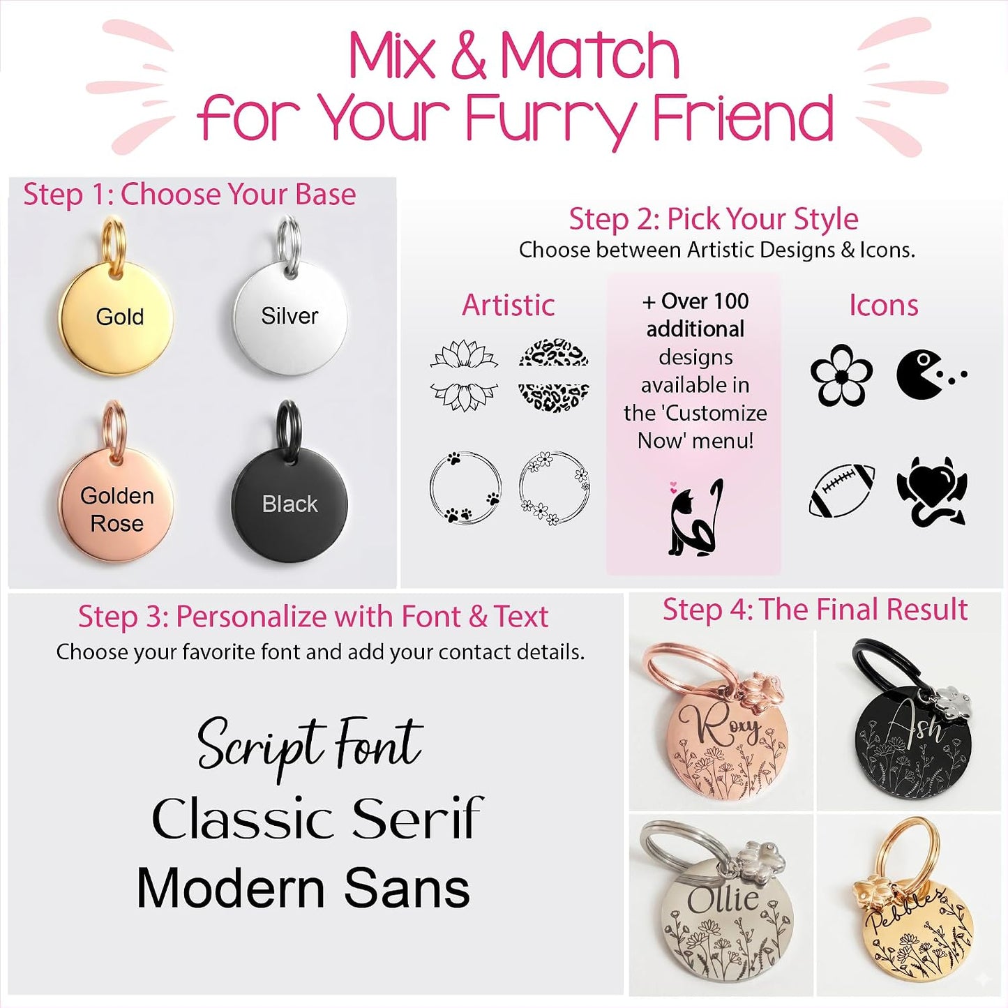 Waterproof stainless steel custom pet name tag with modern font options