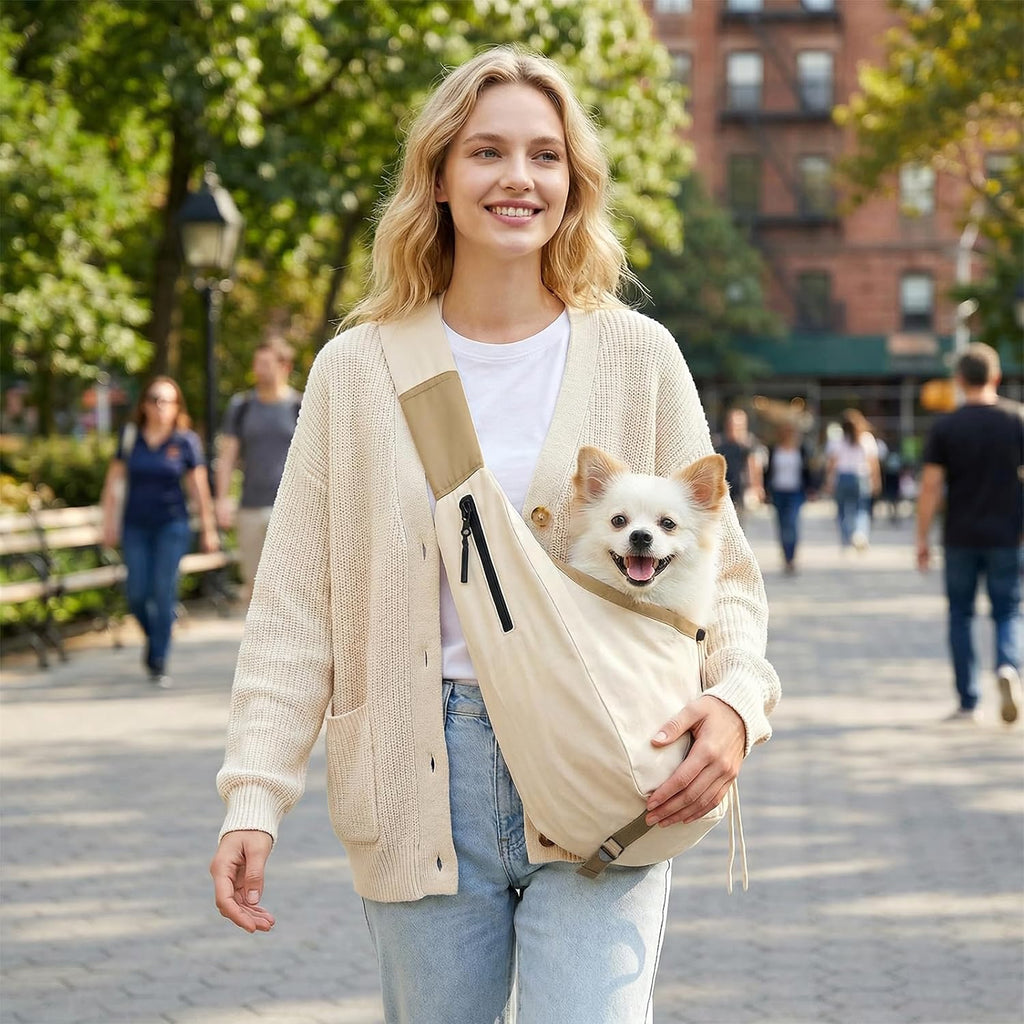 Dog Carrier Sling for Small Dogs/Cats Up to 15 lbs - Multi-Pocket Oxford Pet Sling Carrier Bag with Adjustable Strap (Beige) - Image 9