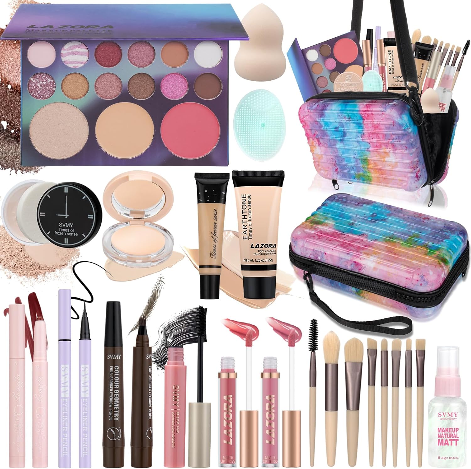 Venshun All In One Makeup Kit For Teens front view showing the holographic travel bag and open eyeshadow palettes.