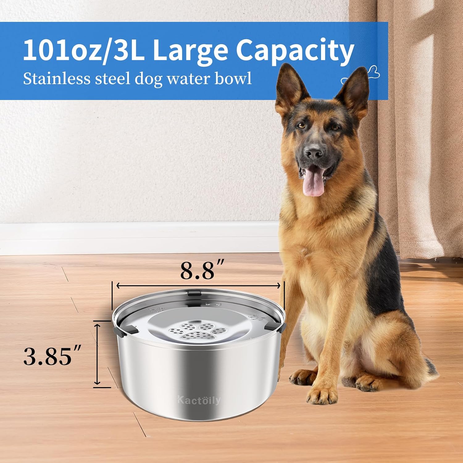 Top down view of the one hundred one ounce stainless steel dog water fountain assembly.