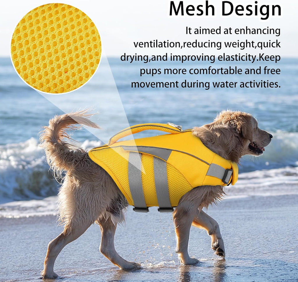 Waterproof dog floatation jacket showing secure belly straps